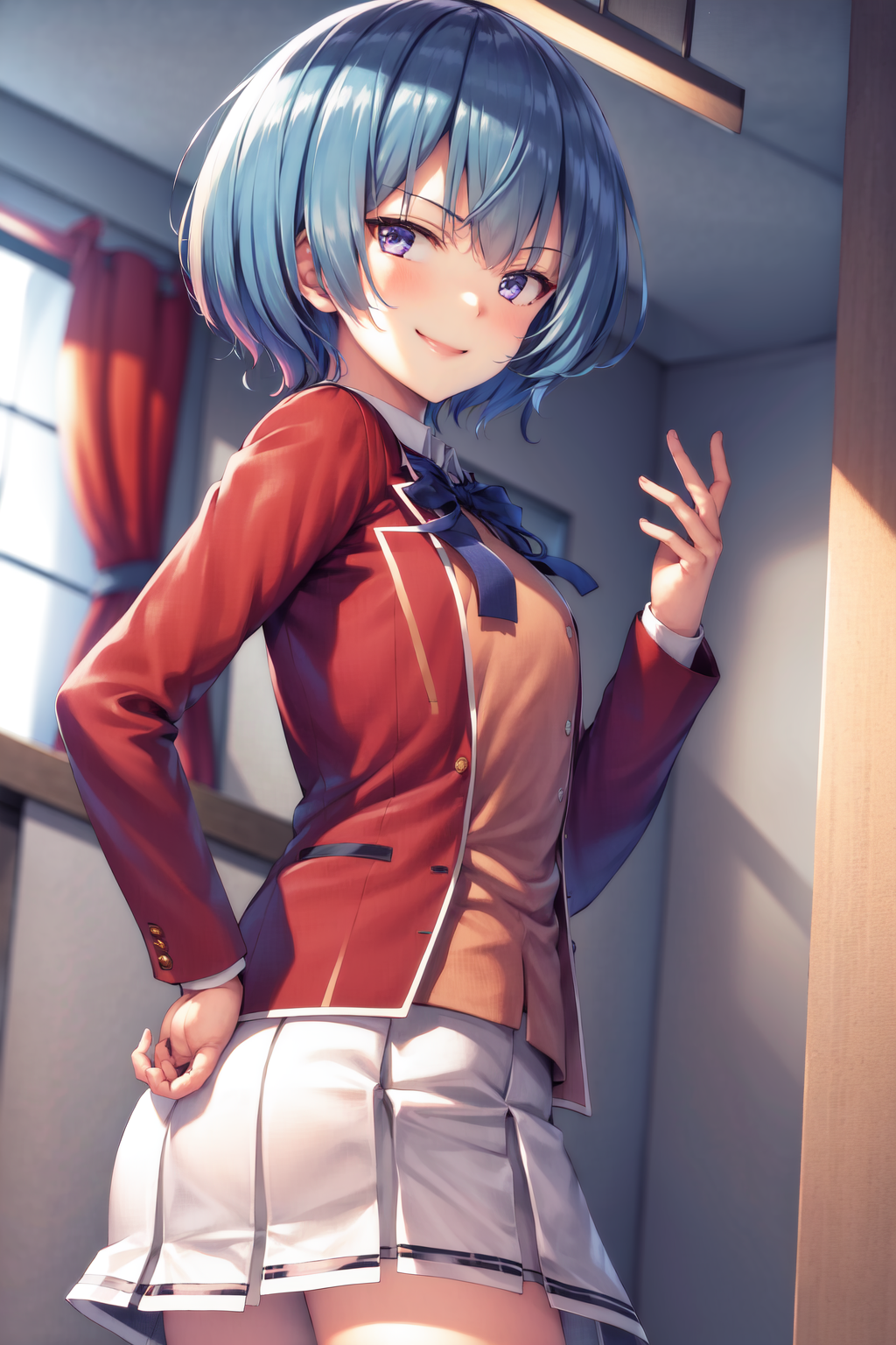 31893-1189527693-masterpiece, best quality, highres, 1girl ibuki mio short hair blue hair, white skirt red jacket open jacket  smile, standing, i.png